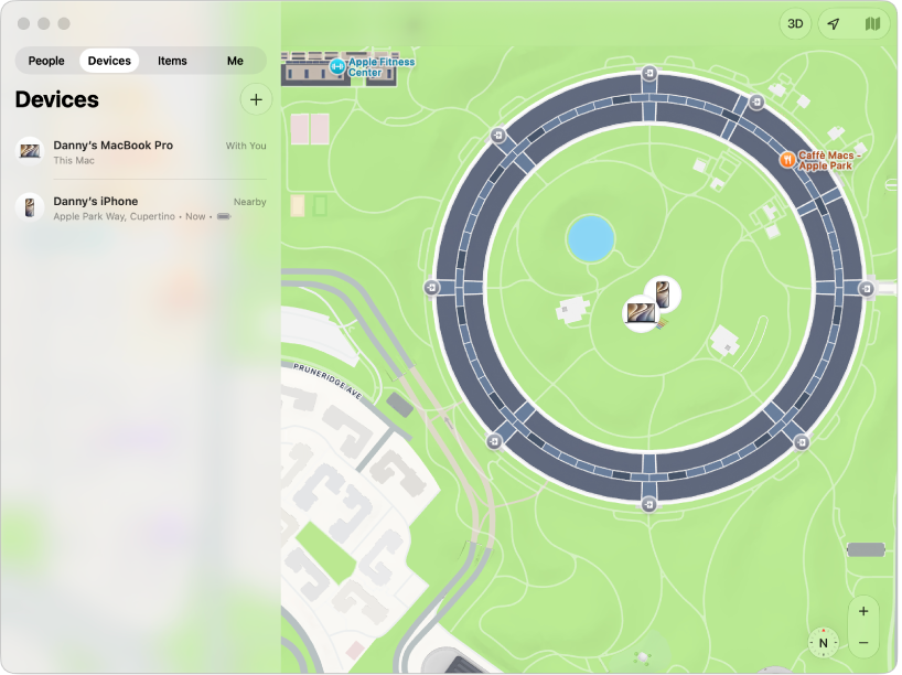 The Find My app showing a list of devices in the sidebar and their locations on a map.