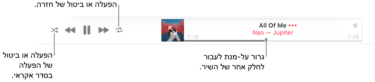החלק העליון של Apple Music עם שיר שמתנגן. פקדי ההפעלה נמצאים בקצה הימני. הכפתור ״סדר אקראי״ נמצא מימין לפקדי ההפעלה והכפתור ״חזרה״ נמצא משמאל לפקדי ההפעלה. גרור/י את סמן המיקום כדי לעבור לחלק אחר של השיר.