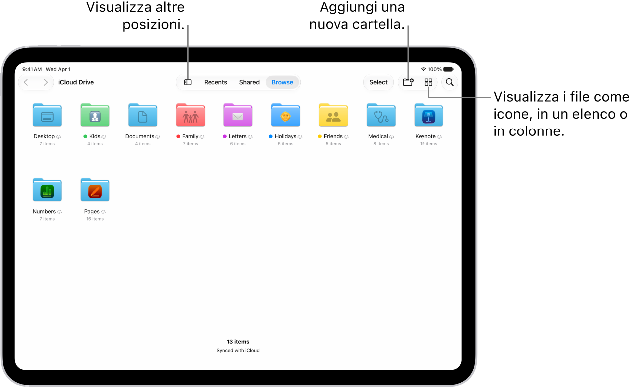 L’app File che mostra diverse cartelle e posizioni chiamati Download, Lettere, Famiglia e così via. Nella parte inferiore dello schermo sono presenti i pannelli Recenti, Condivisi e Sfoglia.