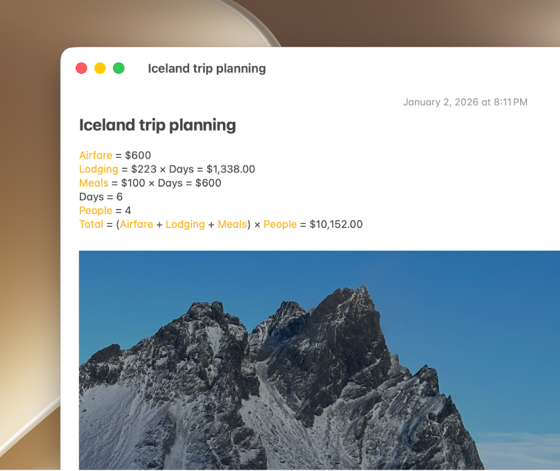 A cropped Notes app window on Mac showing various expenses—including airfare, lodging, meals, days, and people. The note solves addition and multiplication problems automatically inline.