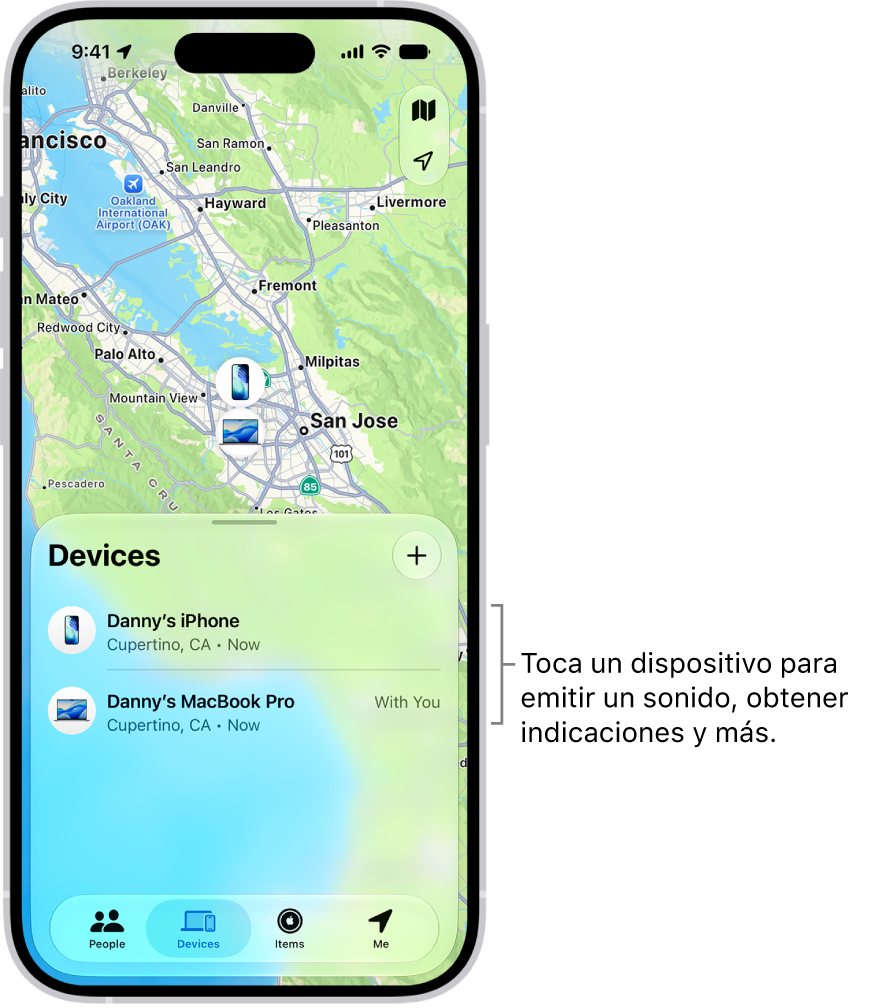La pantalla de Encontrar abierta mostrando la lista Dispositivos. Se muestran dos dispositivos en la lista Dispositivos: iPhone de Alberto y iPad de Alberto Sus ubicaciones se muestran en un mapa.