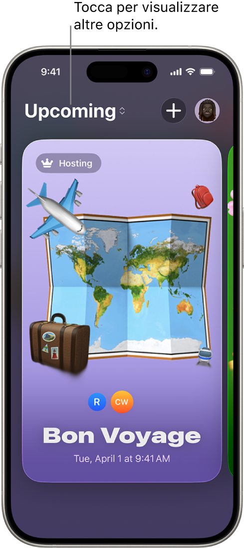 Una schermata dell’app Inviti che mostra un evento imminente.