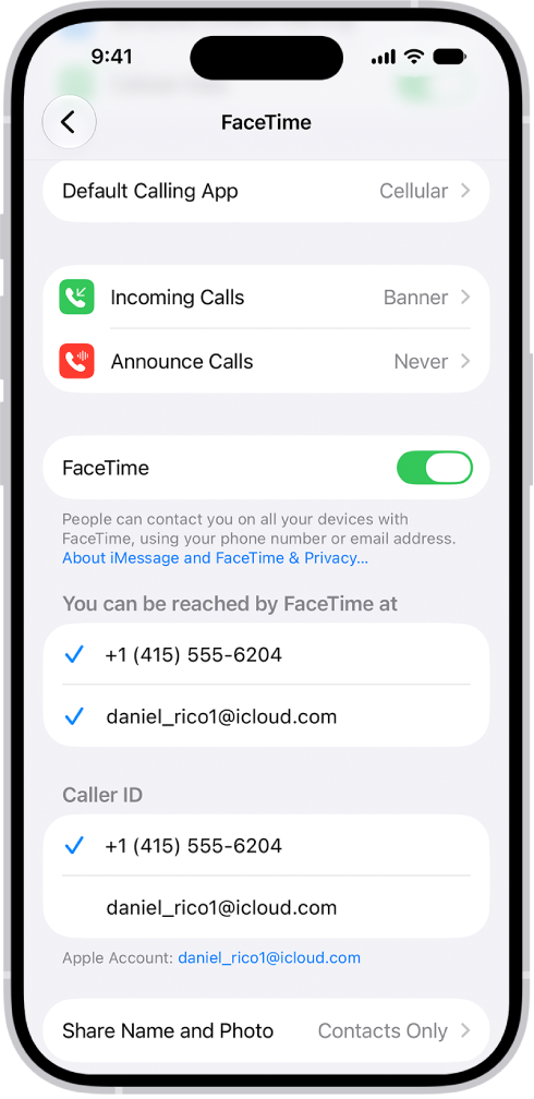 The FaceTime Settings screen, showing the Default Calling App option, the control to turn FaceTime on or off, and the Apple Account that is being used for FaceTime.
