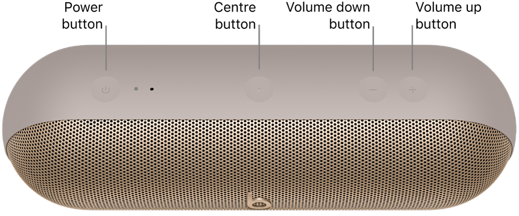 Image of Beats&nbsp;Pill speaker showing the location, from left to right, of the power, centre, volume down and volume up buttons on the top of the speaker.
