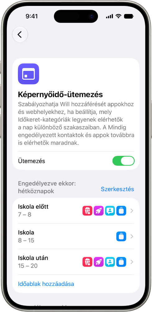 A Képernyőidő-beállítások Képernyőidő-ütemezés képernyője, amely a hétköznapokra vonatkozó ütemezést mutatja az Iskola előtt, Iskola és Iskola után időszakokra vonatkozó időablakokkal.