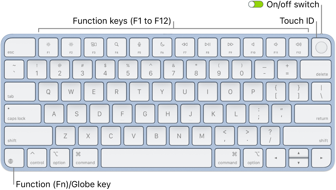 The Magic Keyboard with Touch&nbsp;ID showing the row of function keys and Touch&nbsp;ID across the top, and the Function (Fn)/Globe key in the lower-left corner.