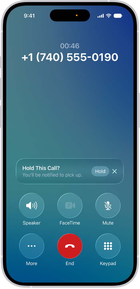 An ongoing call screen showing a banner that asks if the caller would like to use Hold Assist to receive a notification when they’re no longer on hold.