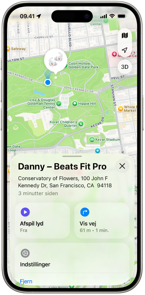 Appen Find på iPhone viser lokaliteten for Beats Fit Pro på et kort over San Francisco.