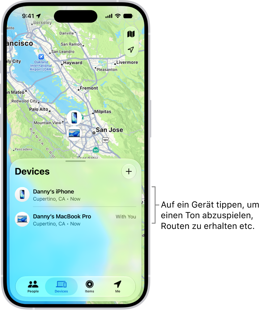 Der Bildschirm „Wo ist?“ mit geöffneter Liste „Geräte“. Die Liste „Geräte“ enthält zwei Geräte: „iPhone von Danny“ und „iPad von Danny“. Ihre Standorte werden auf einer Karte angezeigt.