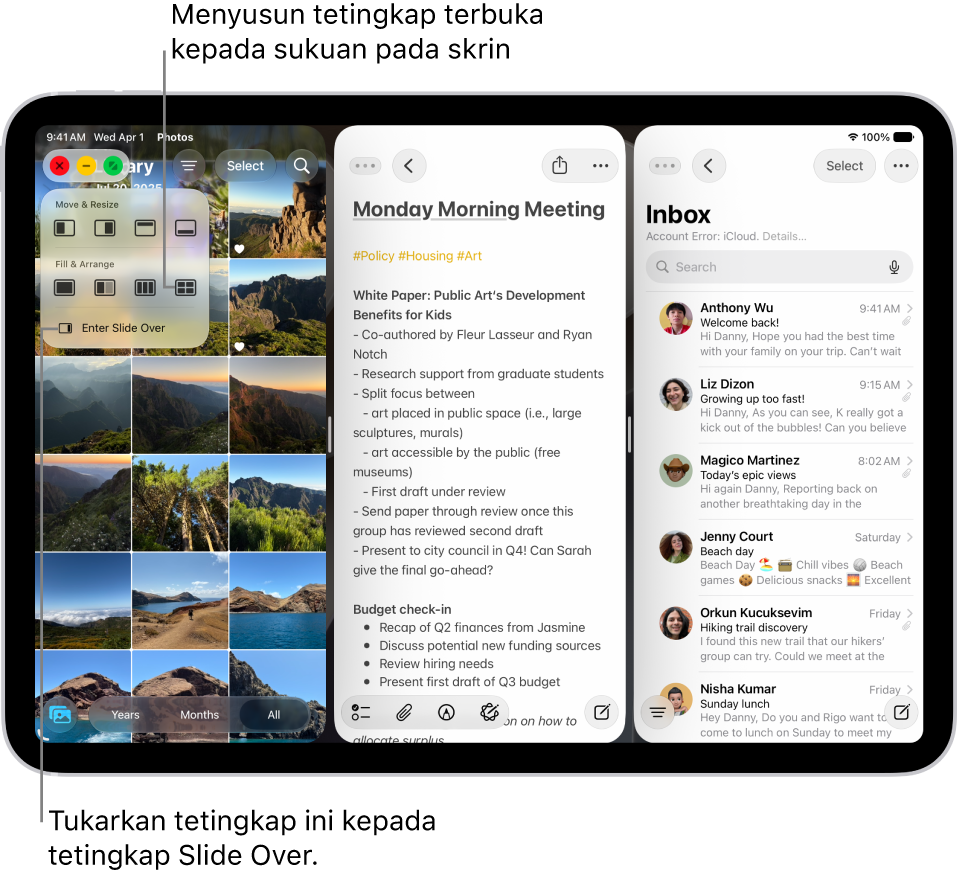 Skrin iPad dengan empat app terbuka dan tataletak tetingkap dipilih yang menyusunnya dalam sukuan.