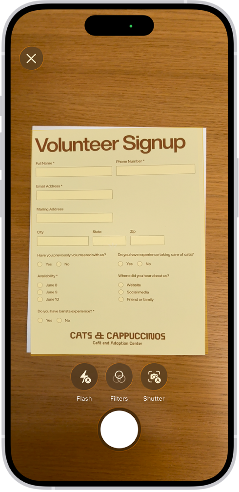 A screen showing a document being scanned. The Take Picture button is at the bottom center.