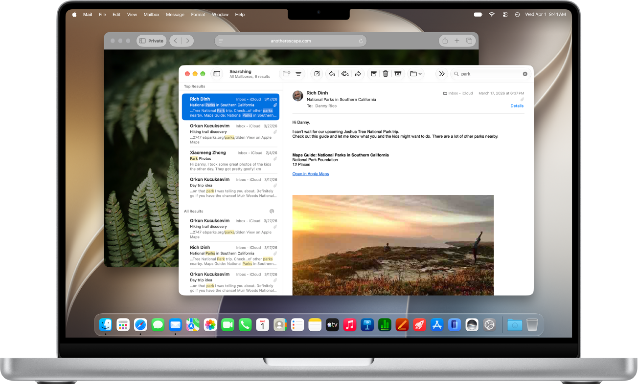 A Mac desktop showing the Safari app open behind the Mail app with a search for a message.