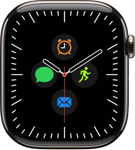The Meridian watch face, where you can adjust the face color and details of the dial. It shows four complications inside an analog clock face: Date at the top, Translate at the right, Messages at the bottom, and Workout on the left.