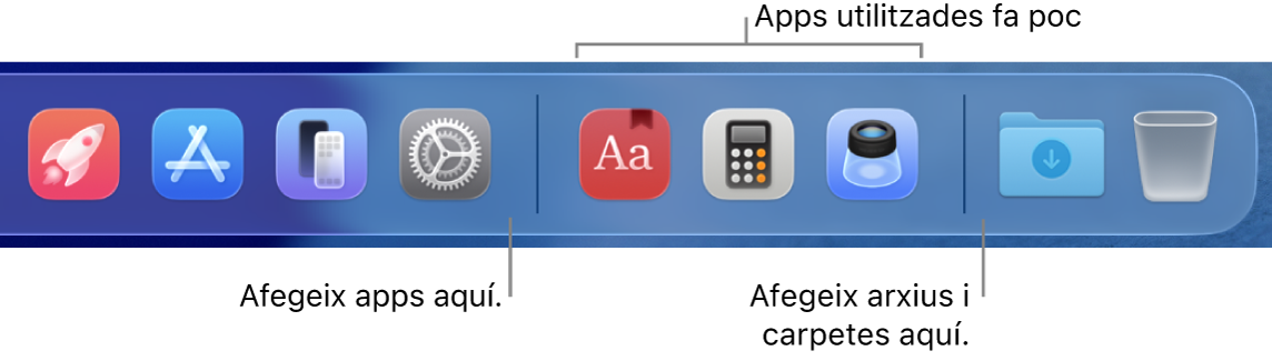 Una part del Dock que mostra les línies separadores entre les apps, les apps utilitzades recentment, i els arxius i carpetes.