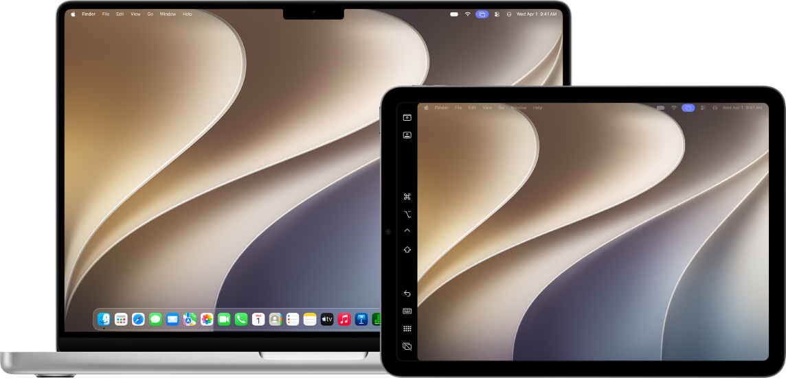 A MacBook Air and an iPad sitting side by side. Both screens show the Mac desktop. The Mac has a purple Screen Mirroring icon in the menu bar, and the iPad has a white screen mirroring icon in its menu bar.