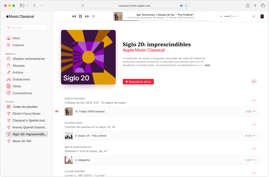 Ventana de la app Apple Music Classical en Safari con una playlist que muestra varias obras y una pista que se está reproduciendo en la parte superior de la pantalla.
