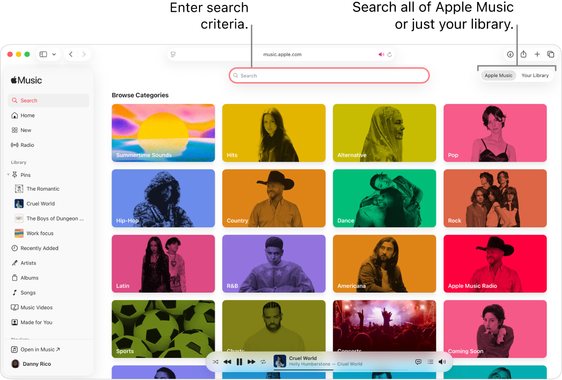 The Apple Music window showing the search field at the top, the list of categories in the center of the window, and Apple Music and Your Library in the top-right corner. 