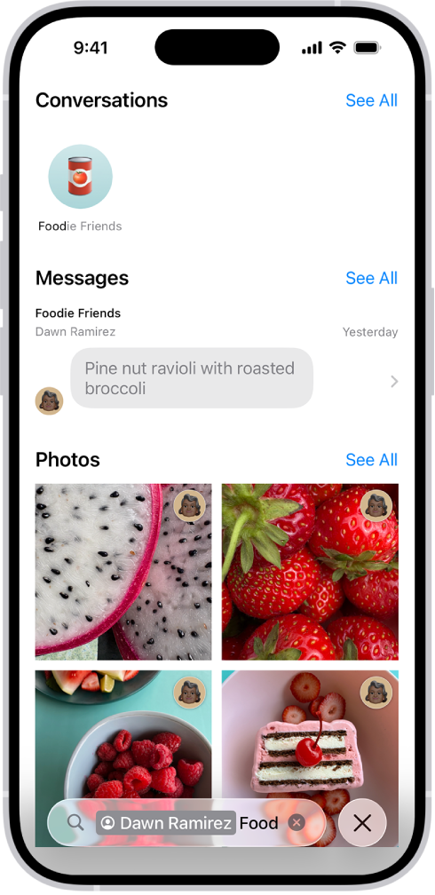 Search results in the Messages app. The search field contains a tag limiting the search to messages from one person.
