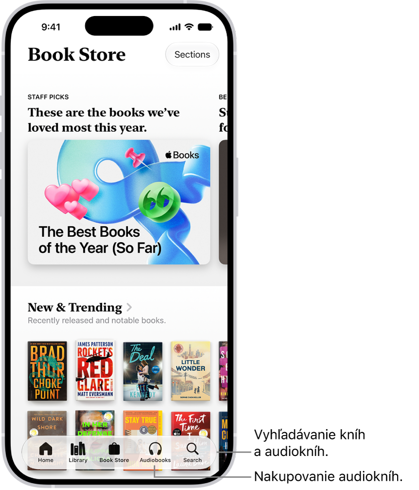 Obrazovka Book Storu v&nbsp;apke Knihy. Naspodku obrazovky sú zľava doprava taby Domov, Knižnica, Book&nbsp;Store, Audioknihy a&nbsp;Vyhľadať. Je vybraný tab Book&nbsp;Store.