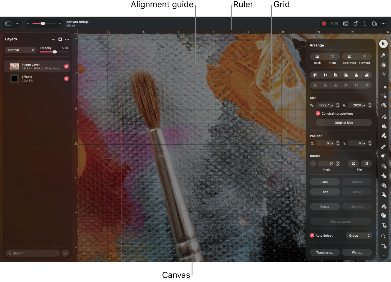 The canvas showing alignment guide, ruler, and grid overlays.