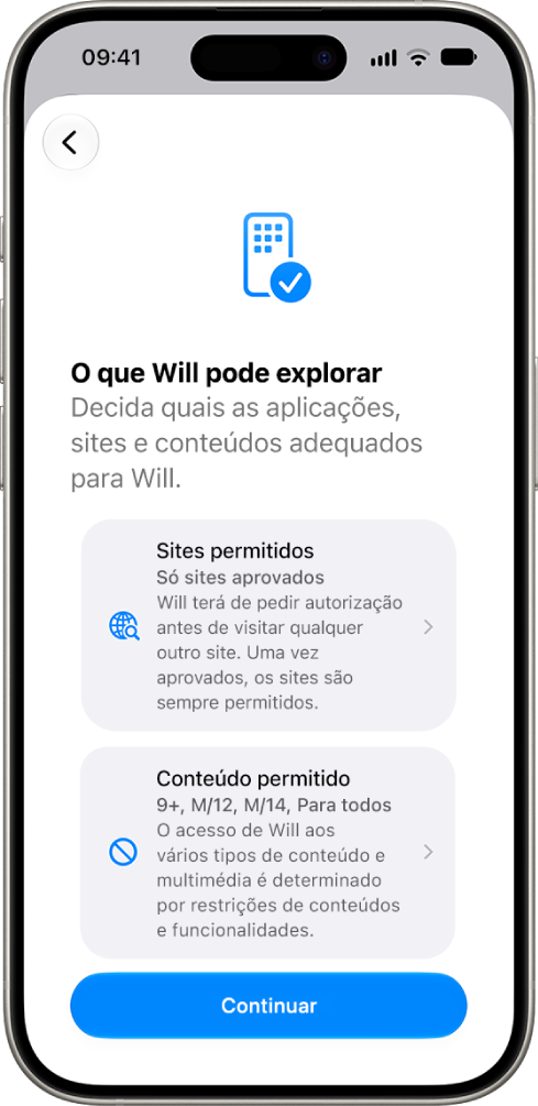 O ecrã de configuração dos controlos parentais com opções para o tipo de conteúdo que pode ser acedido, como aplicações e sites.