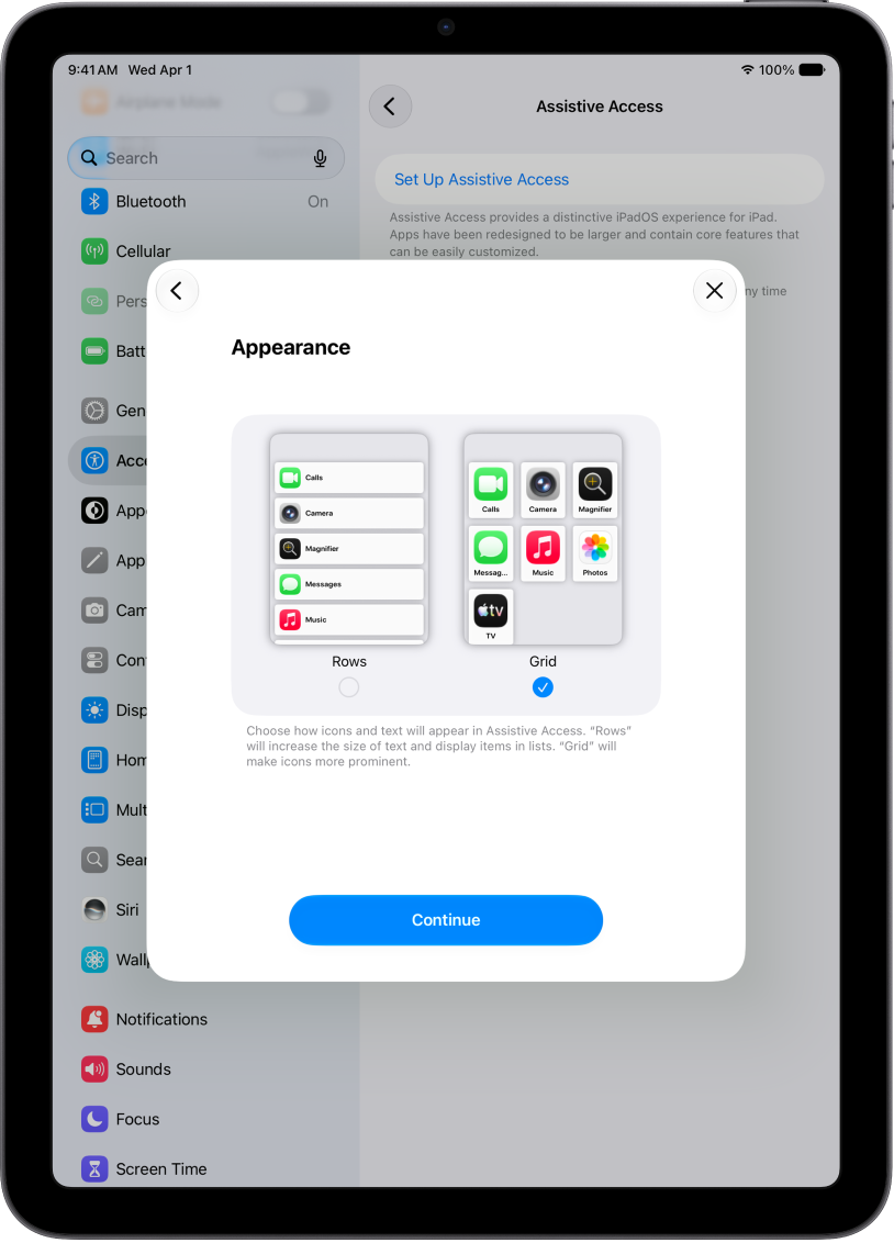 An iPad screen showing the Assistive Access appearance options.