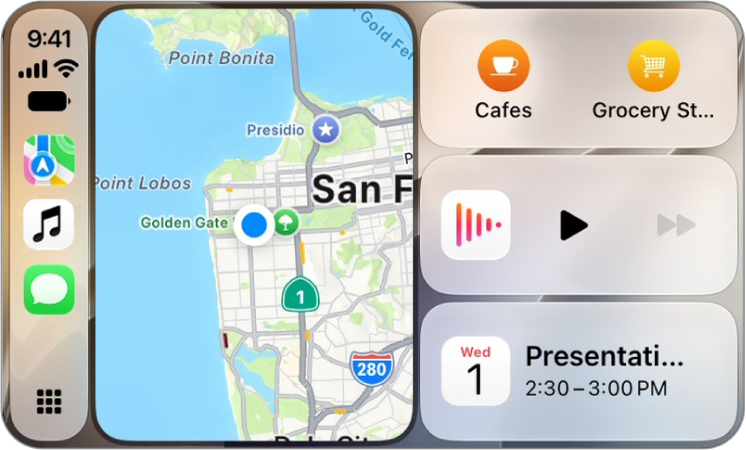 साइडबारमध्ये ‘नकाशा’, ‘संगीत’ आणि ‘संदेश’ दाखवणारा ‘CarPlay डॅशबोर्ड’. उजवीकडे सॅन फ्रान्सिस्कोचा नकाशा, नॅव्हिगेशन बटणे, आता प्ले होत असलेली विंडो आणि दिनदर्शिका एंट्री आहेत.
