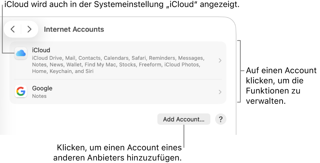 Systemeinstellung „Internetaccounts“ mit einer Liste der Accounts, die auf dem Mac eingerichtet sind.