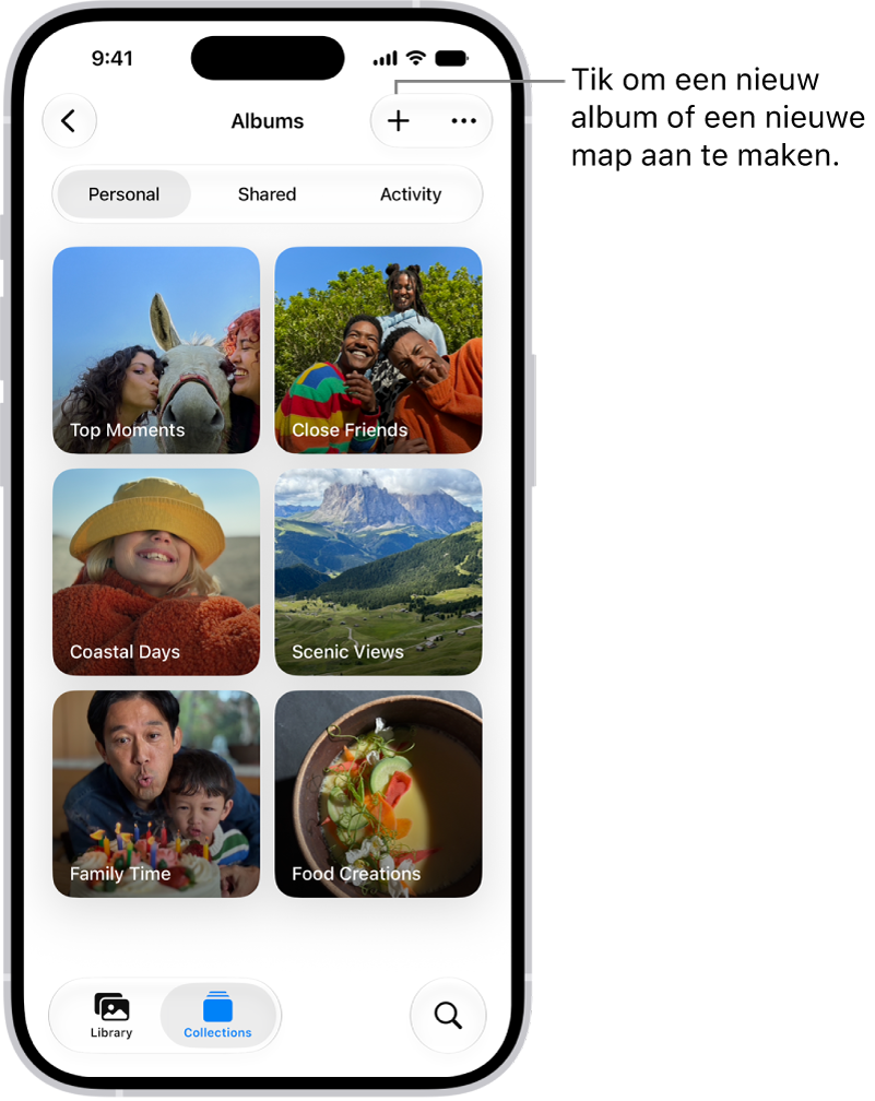 De verzameling 'Albums' in de Foto's-app. Een raster met albums wordt weergegeven op het scherm. Boven in het scherm staan van links naar rechts de knoppen 'Terug', 'Nieuw album' en 'Meer'. Eronder staan knoppen om albums te bekijken aan de hand van de kenmerken 'Persoonlijk', 'Gedeeld' of 'Activiteit'. Onder in het scherm staan van links naar rechts de knoppen 'Bibliotheek', 'Verzamelingen' en 'Zoek'.