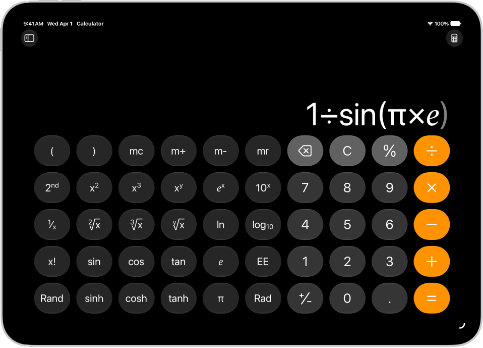 L’iPad affichant la calculatrice scientifique avec la mémoire, les fonctions exponentielles, logarithmiques et trigonométriques.