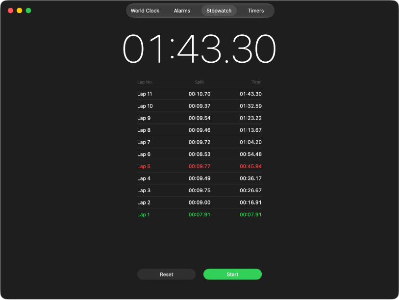 The Stopwatch pane of the Clock app, showing a timer paused after one lap.