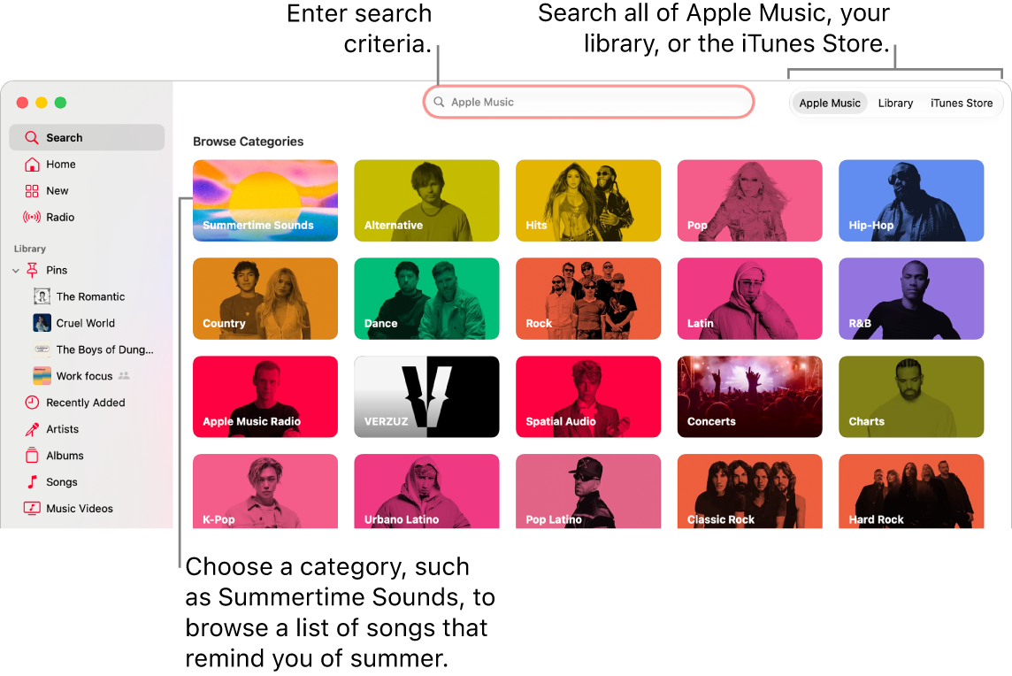 The Apple Music window showing the search fields, the list of categories in the center of the window, and Apple Music, Your Library, and iTunes Store available in the top-right corner. Enter search criteria in the search field, then choose to search all of Apple Music, just your library, or the iTunes Store.