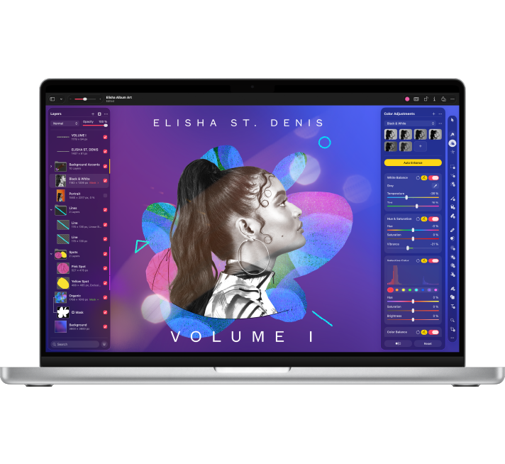 A MacBook Pro displaying the Pixelmator Pro app window.