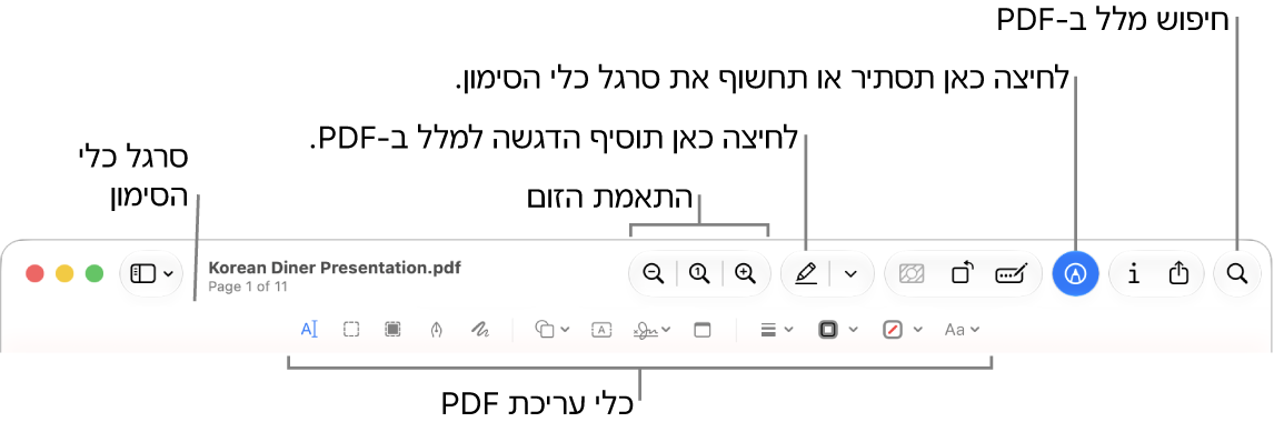 סרגל הכלים "סימון" לסימון PDF.