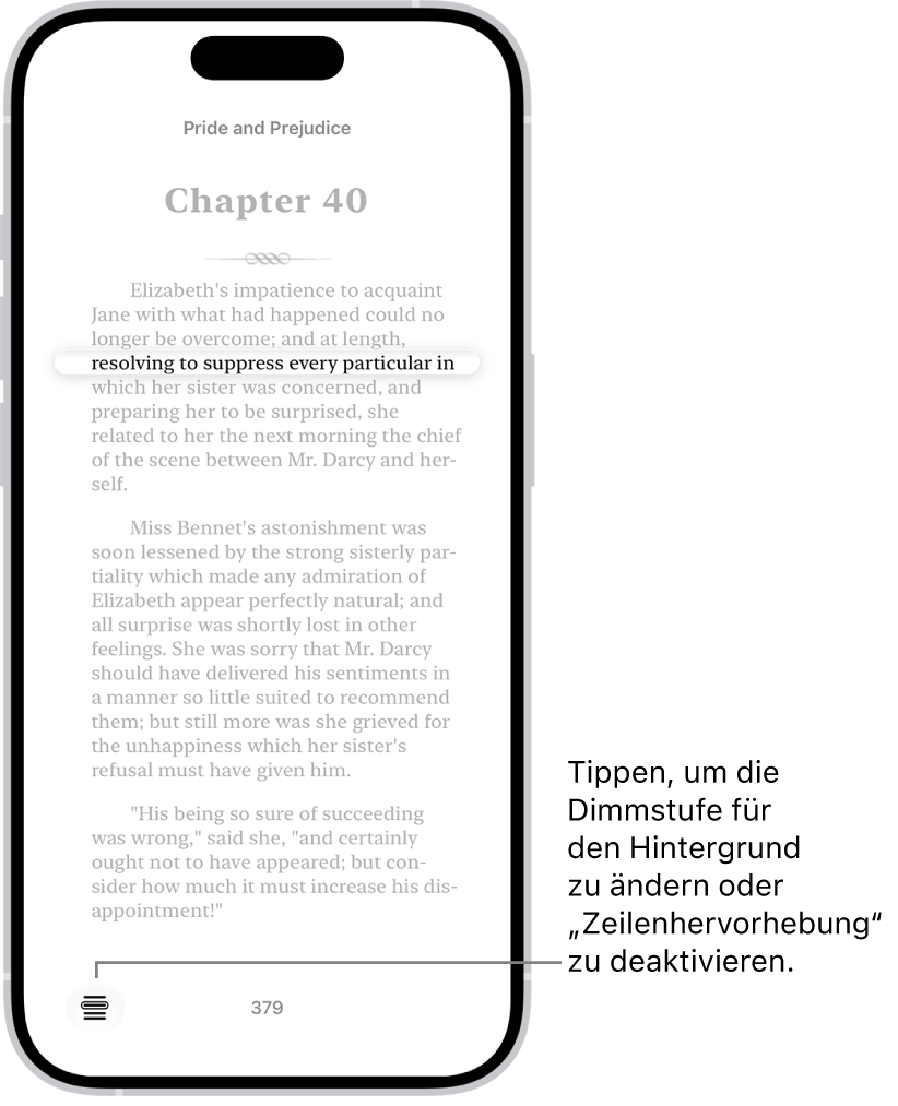 Eine Buchseite in der App „Bücher“. Eine Textzeile ist hervorgehoben und der übrige Text abgeblendet. Unten links auf der Seite ist das Menü „Zeilenhervorhebung“.