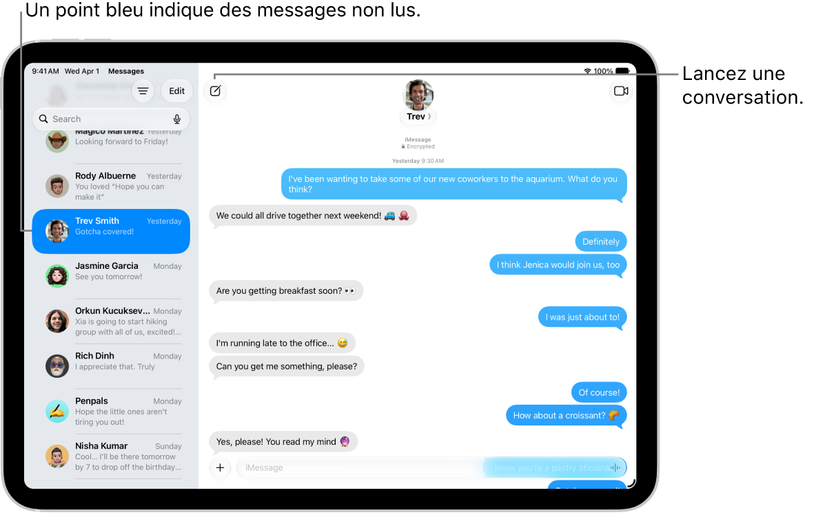 Une liste de conversations Messages sur la gauche et une transcription de conversation sur la droite. Un message non lu est indiqué par un point bleu.