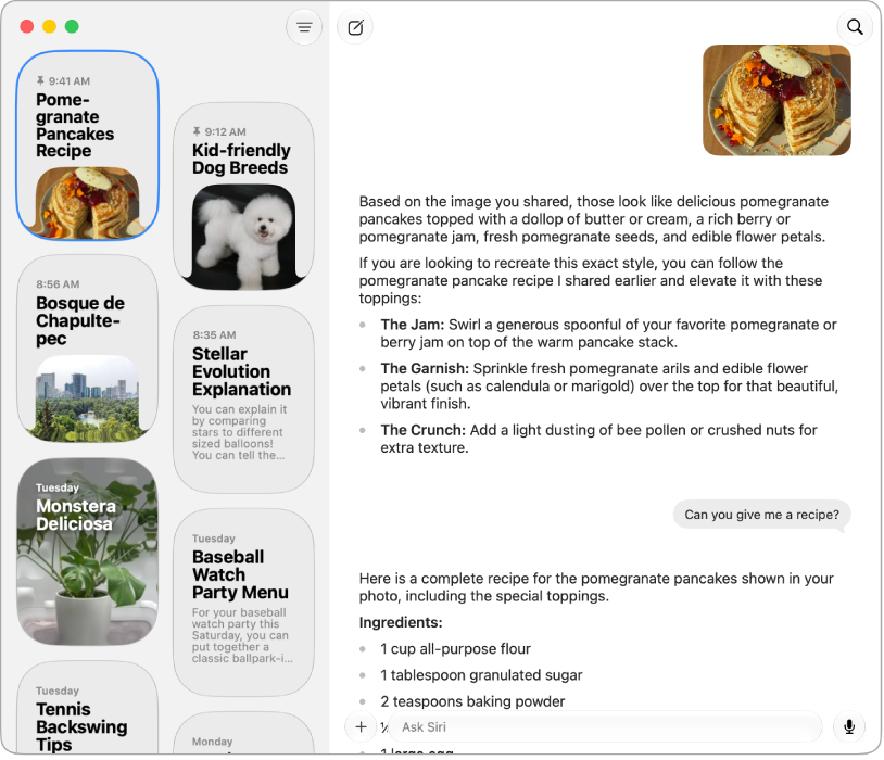 The Siri app on Mac showing conversations on the left and an open conversation on the right. 