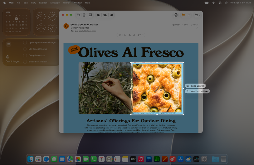 A Mac screen showing a Mail message, a Reminders list called Camping Trip, and a Siri app window with a new reminder.
