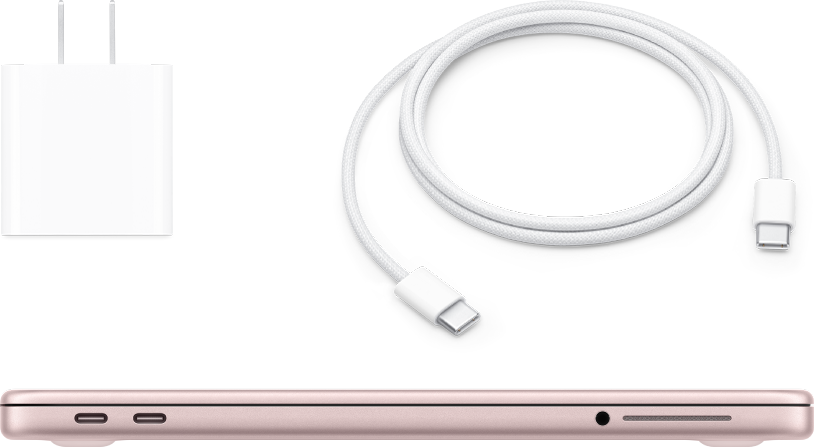 A closed MacBook Neo with power adapter and charge cable.