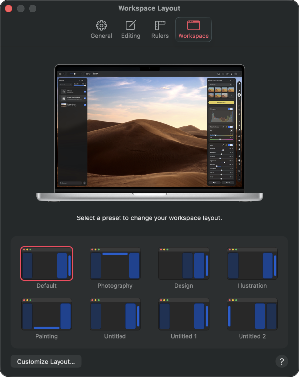 The Workspace Layout settings pane.