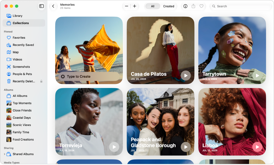 The Photos window showing Collections selected in the sidebar and memories displayed on the right.