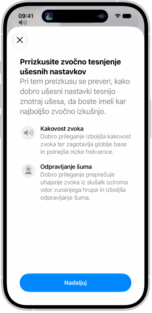 Zaslon iPhona, na katerem je prikazan preizkus za merjenje zvočnega tesnila slušalk AirPods&nbsp;Pro&nbsp;3.