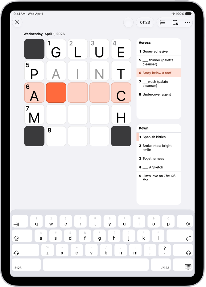 ปริศนา Crossword Mini ที่เติมบางส่วนที่มีคำใบ้อยู่ที่ด้านหนึ่ง