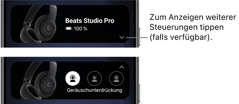 Das erste Bild zeigt das Widget für die Beats-App und zeigt die verbundenen Beats&nbsp;Studio&nbsp;Pro-Kopfhörern sowie eine Taste zum Anzeigen weiterer Steuerelemente an. Das zweite Bild zeigt die Steuerelemente für die Geräuschunterdrückung im Widget an.