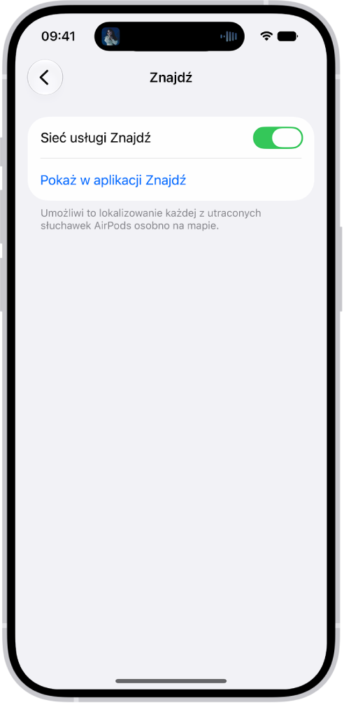 Ustawienia Bluetooth na iPhonie, zawierające opcje dotyczące słuchawek AirPods&nbsp;Pro. Opcja Sieć usługi Znajdź jest włączona, co pozwala na lokalizację na mapie każdej zgubionej słuchawki AirPods oddzielnie.