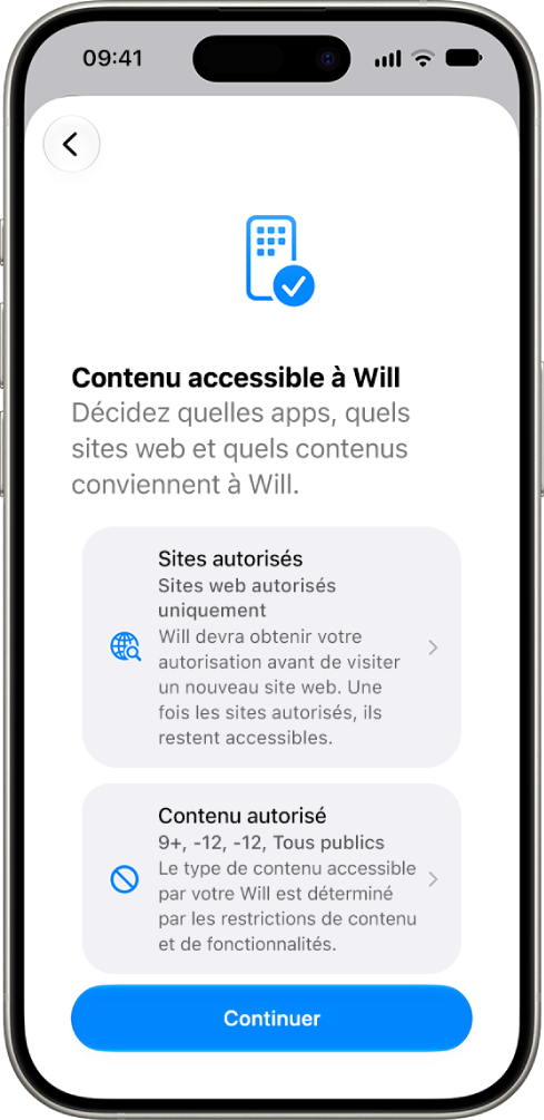 L’écran de configuration du contrôle parental affichant les options pour le type de contenu pouvant être consulté, comme les apps et les sites web.