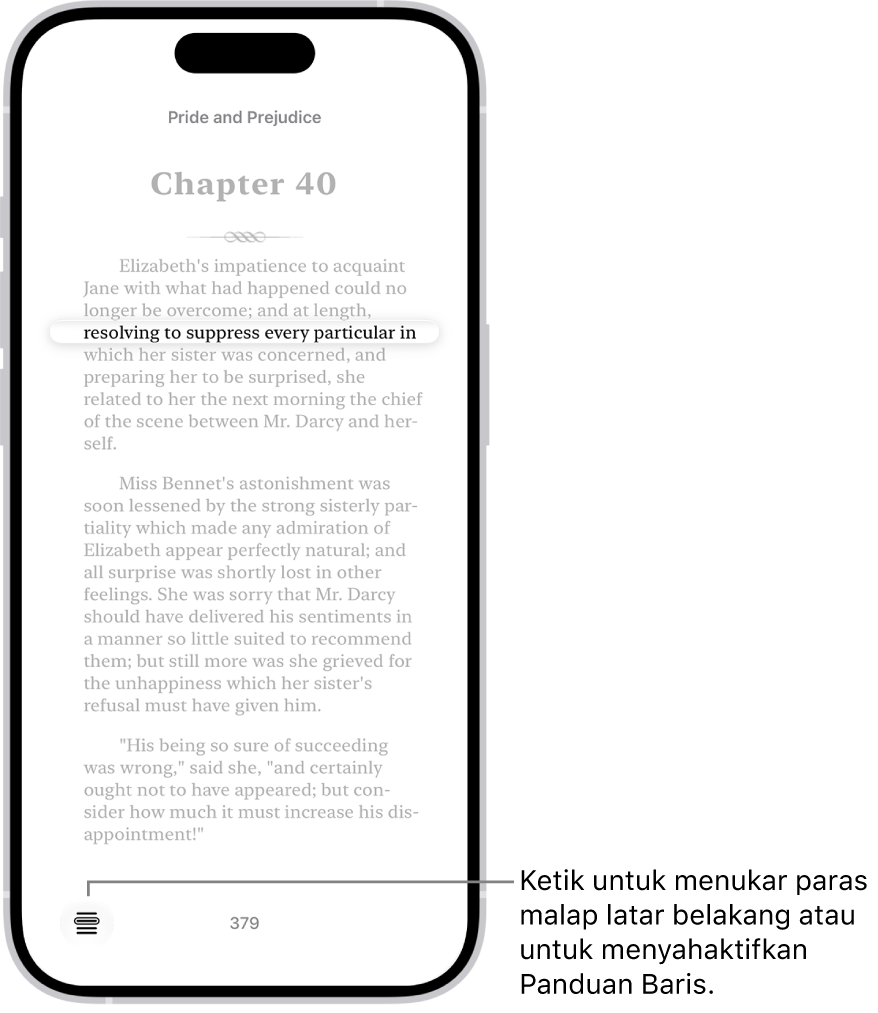 Halaman buku dalam app Buku. Satu baris teks diserlahkan dan teks yang lain dimalapkan. Di penjuru kiri bawah skrin ialah butang Menu Panduan Baris.