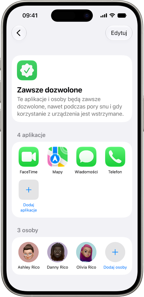 Ekran Zawsze dozwolone w&nbsp;ustawieniach funkcji Czas przed ekranem, zawierający listę dozwolonych aplikacji i&nbsp;kontaktów.