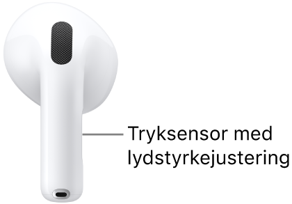 Placeringen af tryksensoren med stryg for lydstyrke på AirPods 5 med trådløst opladningsetui langs staven på begge AirPods.