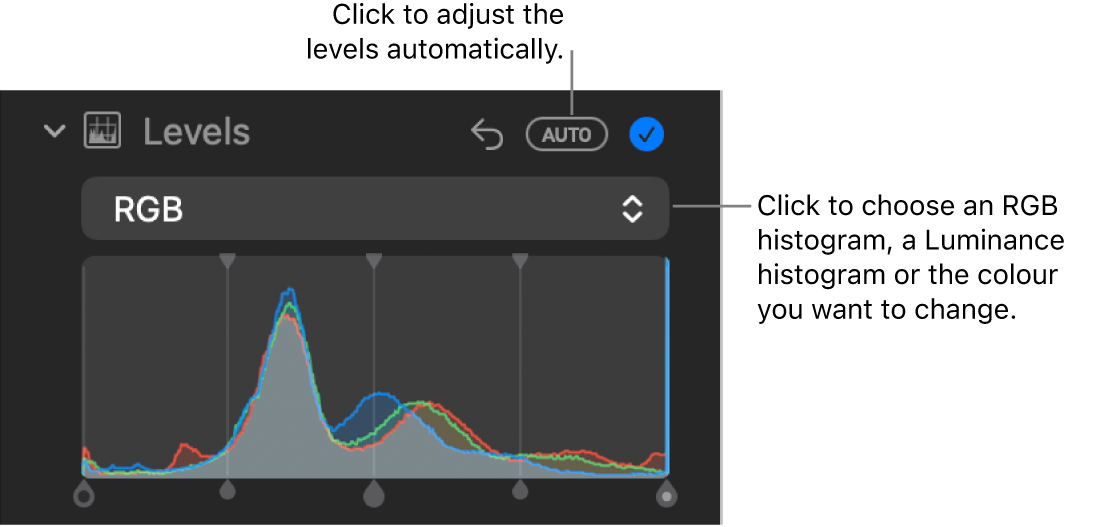 The Levels controls in the Adjust pane with the Auto button at the top right and the RGB histogram below.